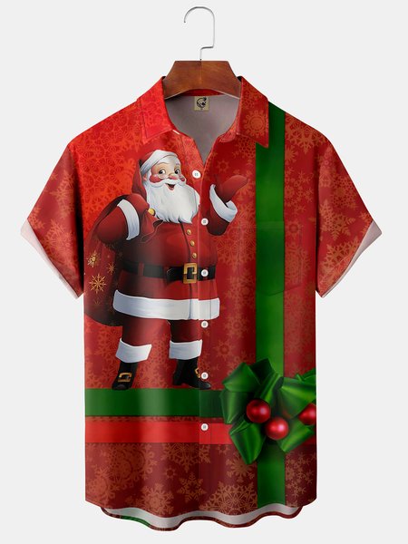 

Santa Gift Box Chest Pocket Short Sleeve Shirt, Red, Men Shirts