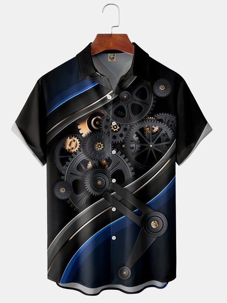 

Mechanical Chest Pocket Short Sleeve Shirt, Black, Men Shirts