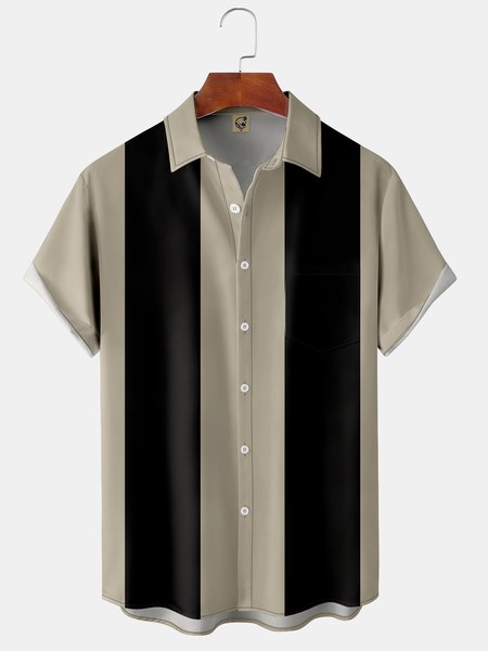

Basic Chest Pocket Short Sleeve Bowling Shirt, Khaki, Men Shirts