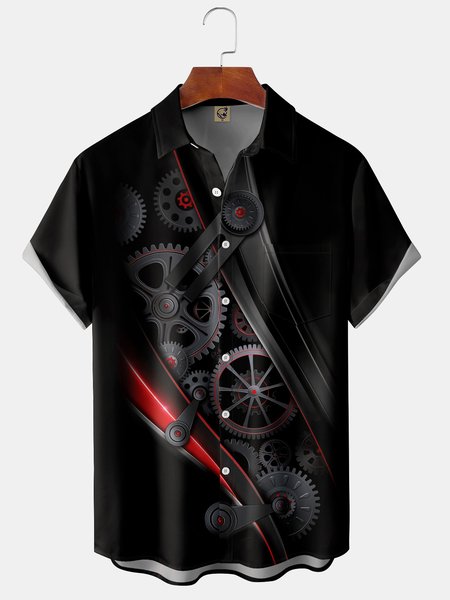 

Mechanical Breast Pocket Short Sleeve Shirt, Black, Men Shirts