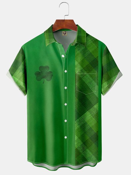 

Shamrock Chest Pocket Short Sleeve Bowling Shirt, Green, Men Shirts