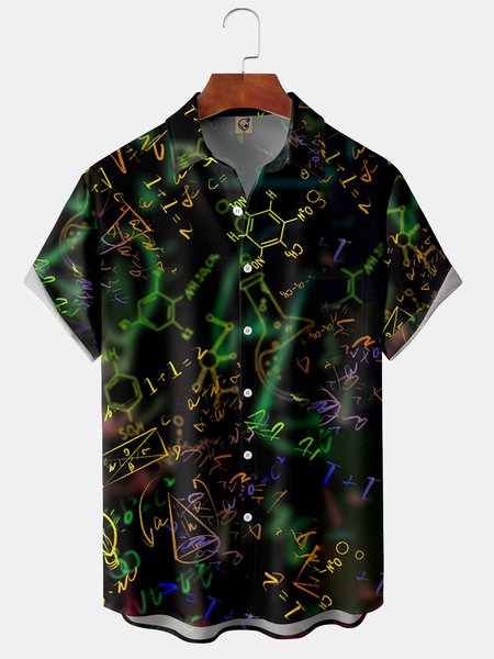 

3D Scientific Number Code Chest Pocket Short Sleeve Shirt, Black, Men Shirts