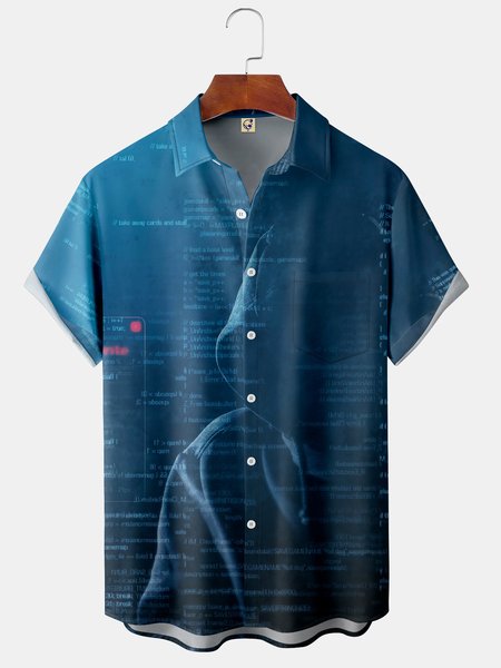 

3D Scientific Number Code Chest Pocket Short Sleeve Shirt, Blue, Men Shirts