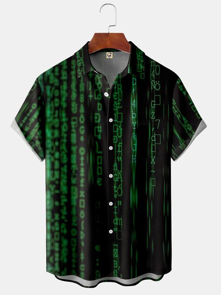 

3D Scientific Number Code Chest Pocket Short Sleeve Shirt, Black, Men Shirts