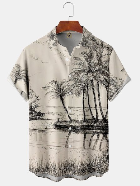 

Coconut Tree Chest Pocket Short Sleeve Hawaiian Shirt, Khaki, Men Shirts