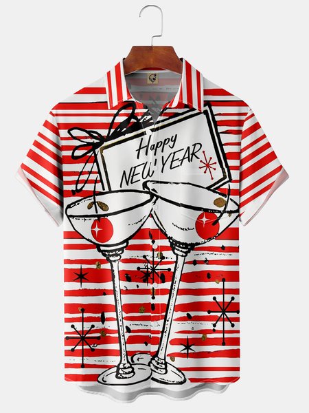 

New Year's Chest Pocket Short Sleeve Shirt, Red, Men Shirts