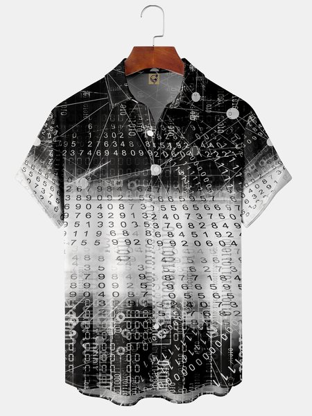 

3D Scientific Number Code Chest Pocket Short Sleeve Shirt, Black, Men Shirts