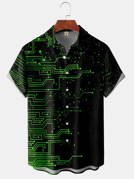 

3D Technology Lines Chest Pocket Short Sleeve Shirt, Black, Men Shirts