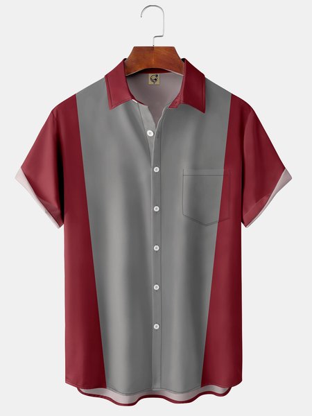 

Color Block Chest Pocket Short Sleeve Casual Shirt, Red, Men Shirts