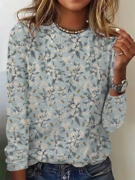 

Crew Neck Floral Casual T-Shirt, Blue, T-Shirts