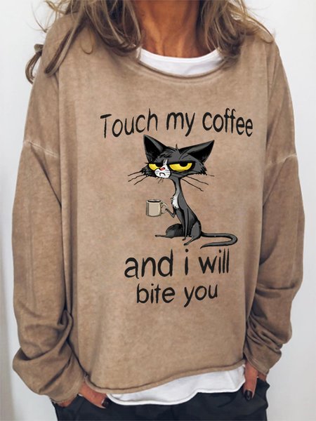 

Women Funny Touch My Coffee I Will Bite You Text Letters Crew Neck Sweatshirt, Khaki, Hoodies&Sweatshirts