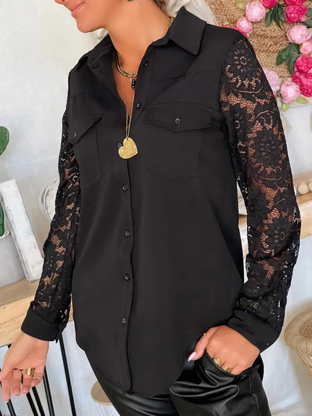 

Shirt Collar Casual Loose Blouse, Black, Shirts & Blouses