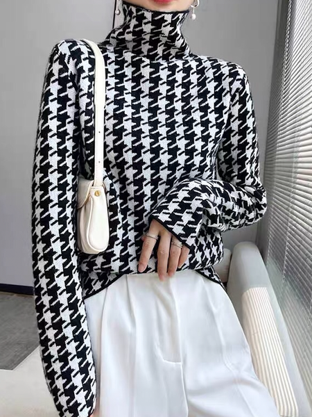 

High Elasticity Regular Fit Geometric Turtleneck Long sleeve Sweater, Black, Pullovers