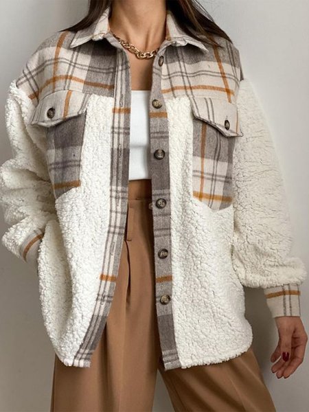 

Casual Fluff/Granular fleece fabric Plaid Teddy Jacket, Light khaki, Coats
