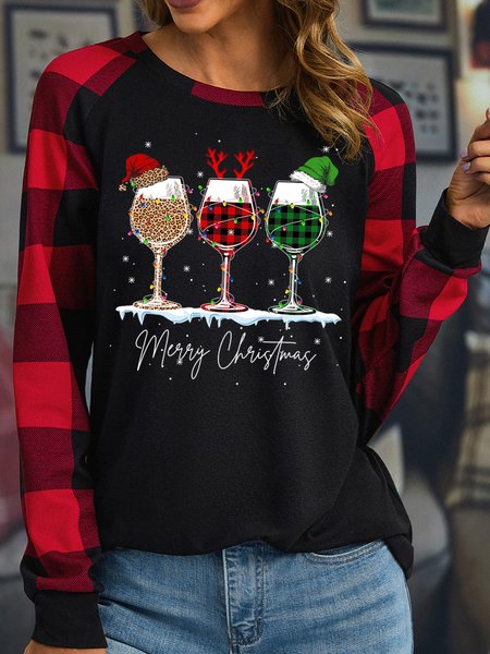 

Women's Merry Christmas Three Wine Glasses Buffalo Plaid Print Casual Loose Polyester Cotton Long Sleeves T-Shirt, Black, Long sleeves