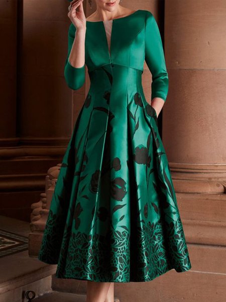 

Elegant Floral Printed Three Quarter Midi Dress Wedding, Green, Midi Dresses
