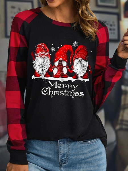 

Women Merry Christmas Gnomes Plaid Cotton-Blend Simple Long sleeve Top, Black, Long sleeves