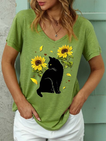 

Women Black Cat Sunflowers Pattern Casual Cat T-Shirt, Green, T-shirts