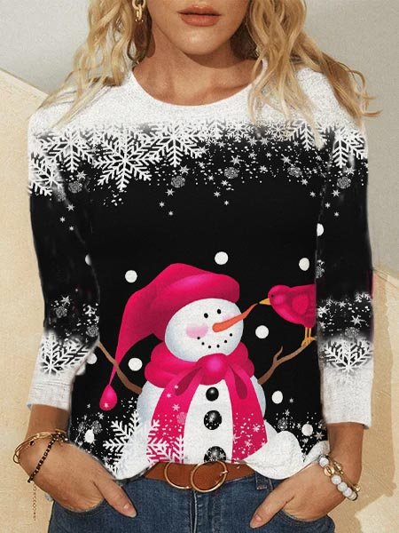 

Women's Sweatshirt Christmas Snowman Printed Crew Neck Regular Fit, Black-white, T-Shirts
