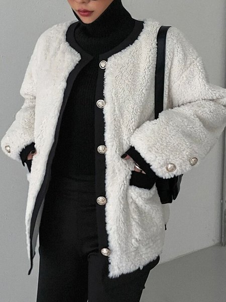 

Long sleeve Crew Neck Color Block Elegant Teddy Jacket, White, Coats