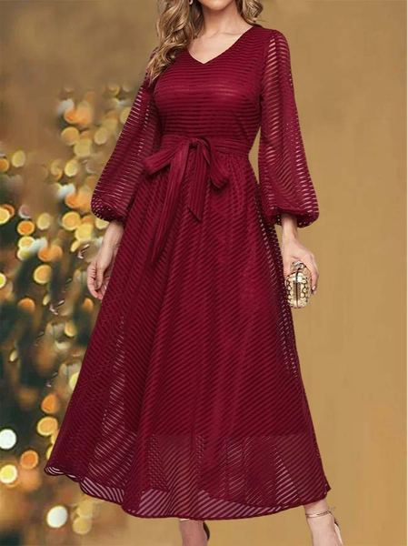 

Urban Lantern Sleeve Belted Mesh Dress With Belt, Wine red, Maxi Dresses