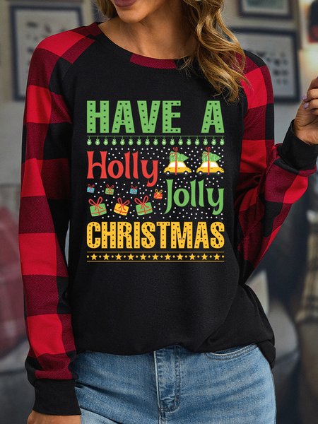 

Lilicloth X Jessanjony Have A Holly Jolly Christmas Women's Christmas Long Sleeve Buffalo Plaid T-Shirt, Black, Long sleeves