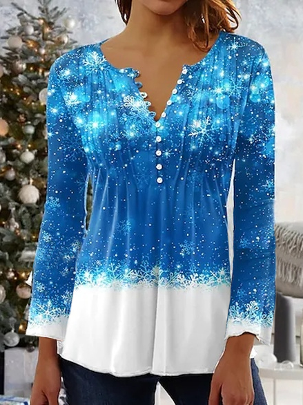 

Casual V Neck Christmas Top, Blue, Tops