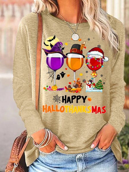 

Women's Happy Hallo Thanks Mas Funny Three Red Wine Glasses Christmas Graphic Print Cotton-Blend Regular Fit Casual Top, Khaki, Long sleeves