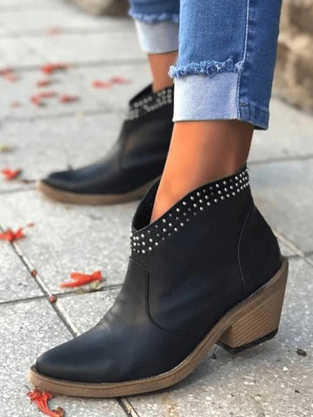 

Plus Size Western Style Rivet Chunky Heel Booties with Zipper, Black, Boots