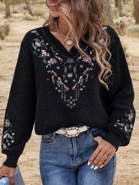 

Loose Boho Yarn/Wool Yarn V Neck Sweater, Black, Sweaters