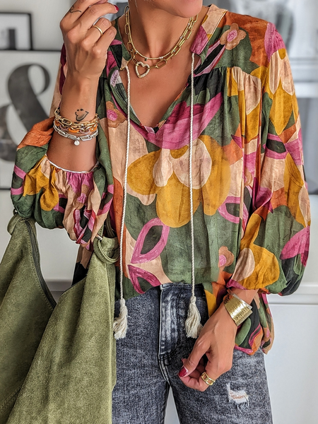 

Casual Floral V Neck Regular Fit Blouse, Multicolor, Blouses & Shirts