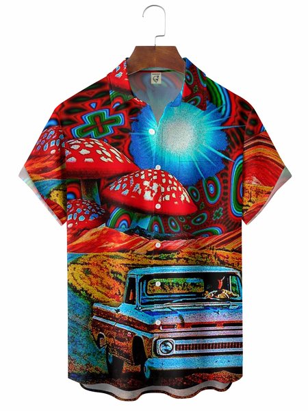 

Hippie Mushroom Chest Pocket Short Sleeve Casual Shirt, Red, Men Shirts