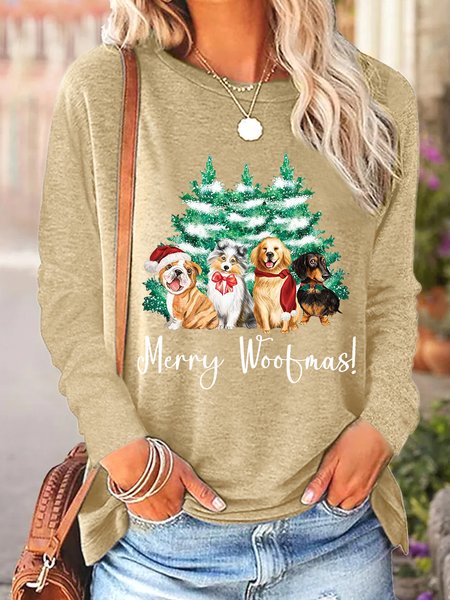 

Women Funny Christmas Dog Merry Woofmas Cotton-Blend Crew Neck Long sleeve Top, Khaki, Long sleeves