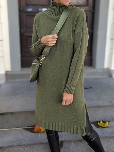 

Plain Wool/Knitting Turtleneck Casual Regular Fit Dress, Green, Midi Dresses