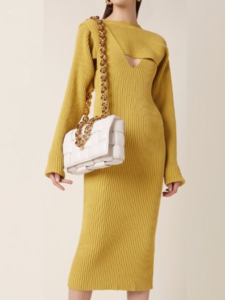 

Long sleeve Crew Neck Plain Dress, Yellow brown, Maxi Dresses