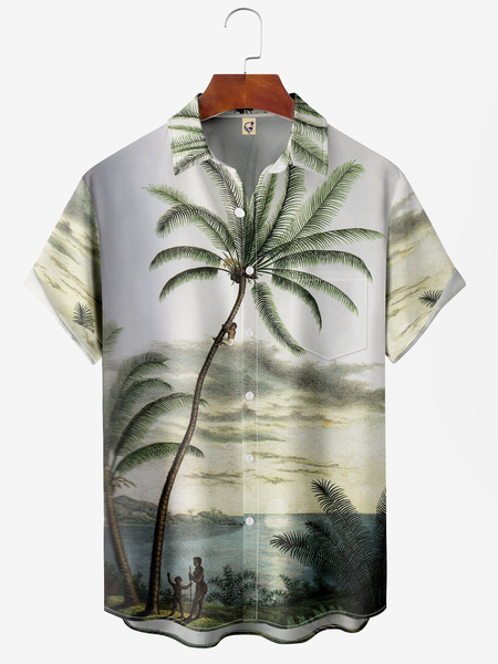 

Coconut Tree Chest Pocket Short Sleeve Hawaiian Shirt, Green, Men Shirts