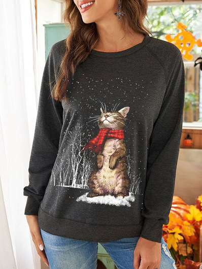

Loose Casual Cat Raglan Sleeve Sweatshirt, Deep gray, Hoodies & Sweatshirts