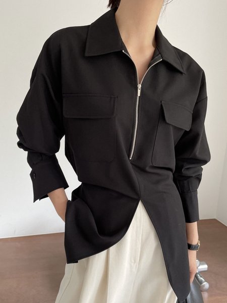 

Daily Long sleeve Shirt Collar Plain Regular Fit Blouse, Black, Blouses and Shirts