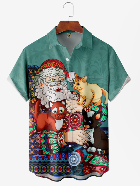 

Santa Claus Chest Pocket Short Sleeve Casual Shirt, Green, Men Shirts