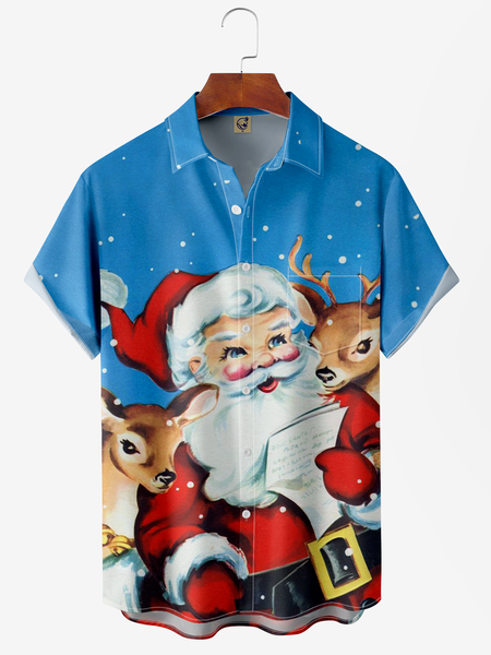 

Santa Claus Chest Pocket Short Sleeve Casual Shirt, Blue, Men Shirts
