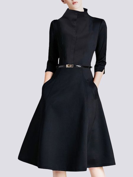 

Elegant Stand Collar Plain Regular Fit Three Quarter Dress, Black, Dresses