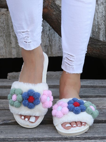 Cute Flowers Warm Faux Fur Indoor Slippers, White, Slippers