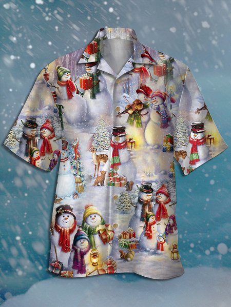 

Christmas Snowman Chest Pocket Short Sleeve Shirt, Gray, Men Shirts