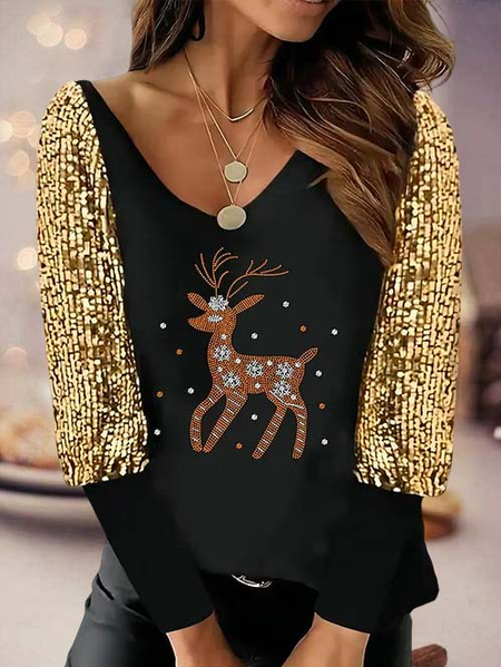 

Christmas Lantern Sleeve Regular Fit Animal Casual Top, Black, Tops
