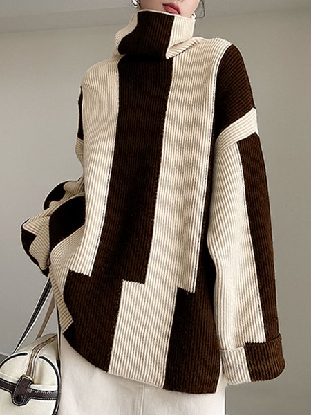 

Striped Daily Long sleeve Simple Turtleneck Sweater, Coffee, Pullovers