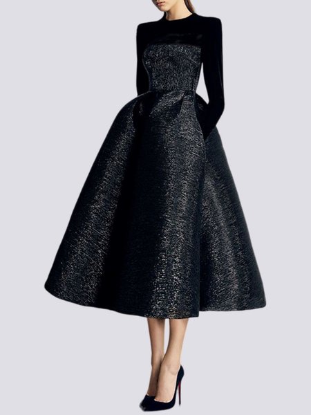 

Crew Neck Elegant Formal Pockets Plain Dress, Black, Dresses