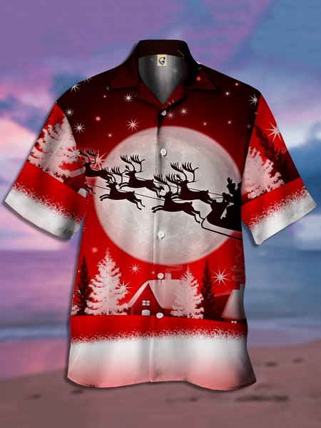 

Christmas Chest Pocket Short Sleeve Casual Shirt, Red, Men Shirts