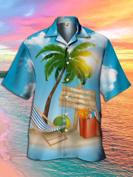 

Beach Coconut Tree Short Sleeve Hawaiian Shirt, Blue, Men Shirts