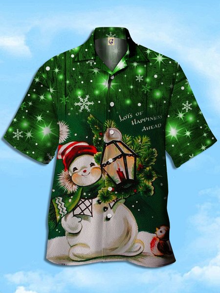 

Christmas Snowman Chest Pocket Short Sleeve Casual Shirt, Green, Men Shirts