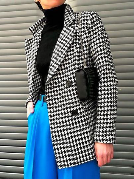 

Loose Houndstooth Lapel Collar Long sleeve Blazer, Black, Blazers